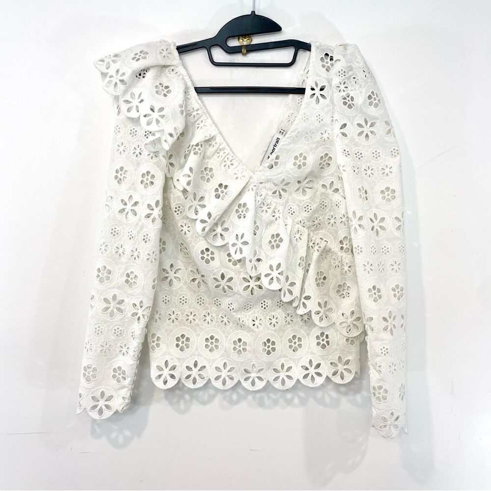 SELF PORTRAIT Frilled white floral voile blouse Long Sleeves Top US 0